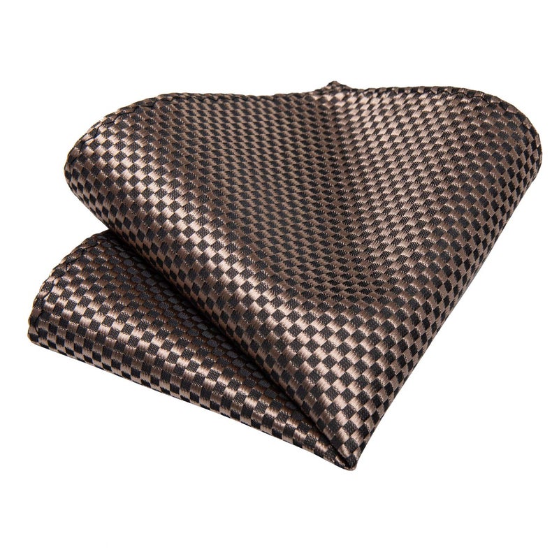 DiBanGu Plaid Ties for Men Silk Checkered Necktie and Pocket Square Cufflinks Tie Clip Set with Gift Box for Wedding Business, Brown - Image 5